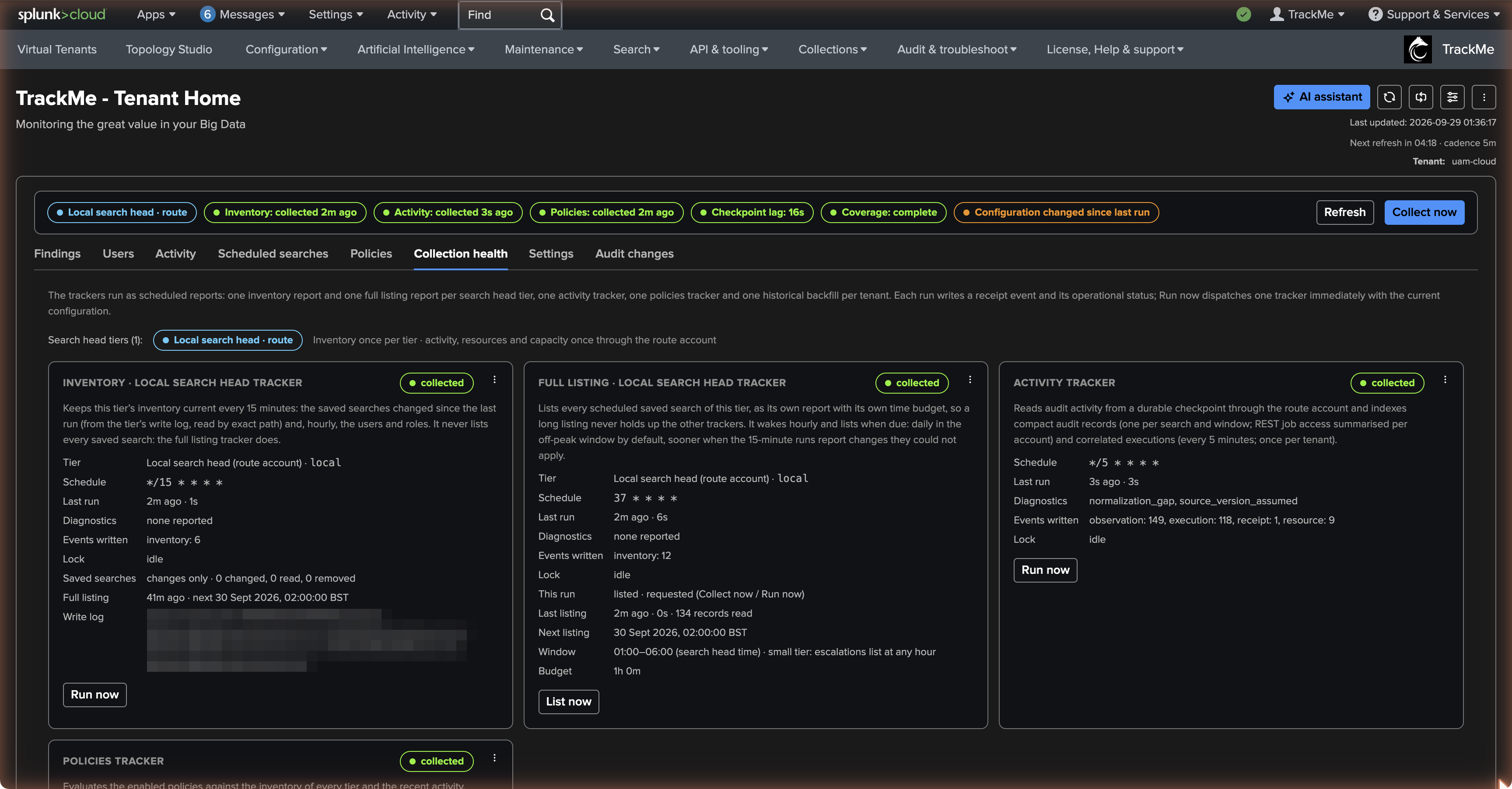 The Collection health tab — the local tier and route, the trackers with their last run status, the checkpoint lag, the capacity and the completed backfill with its edges