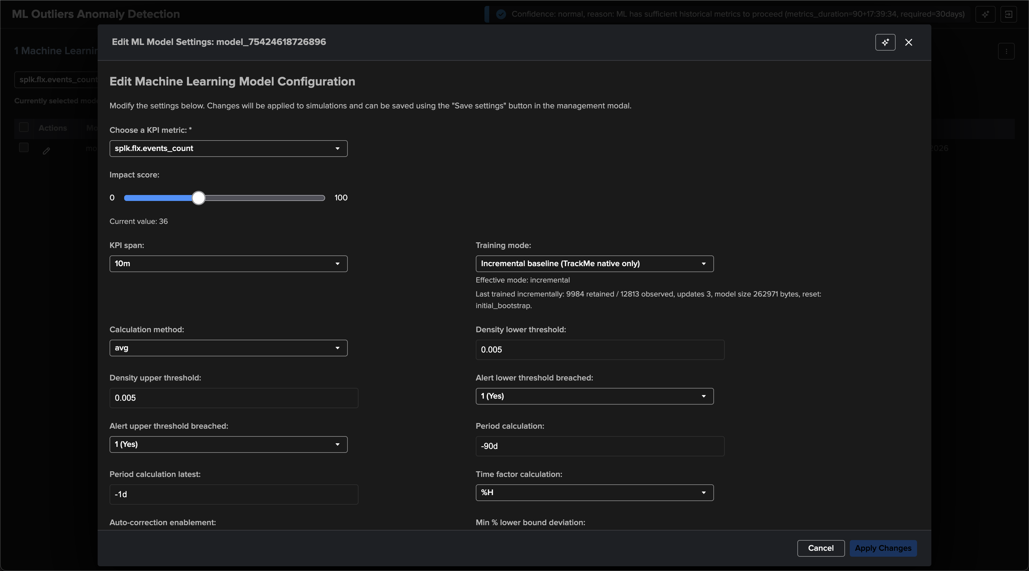 Edit Machine Learning Model Configuration modal with Incremental baseline selected as the model Training mode and effective-mode runtime diagnostics shown below it