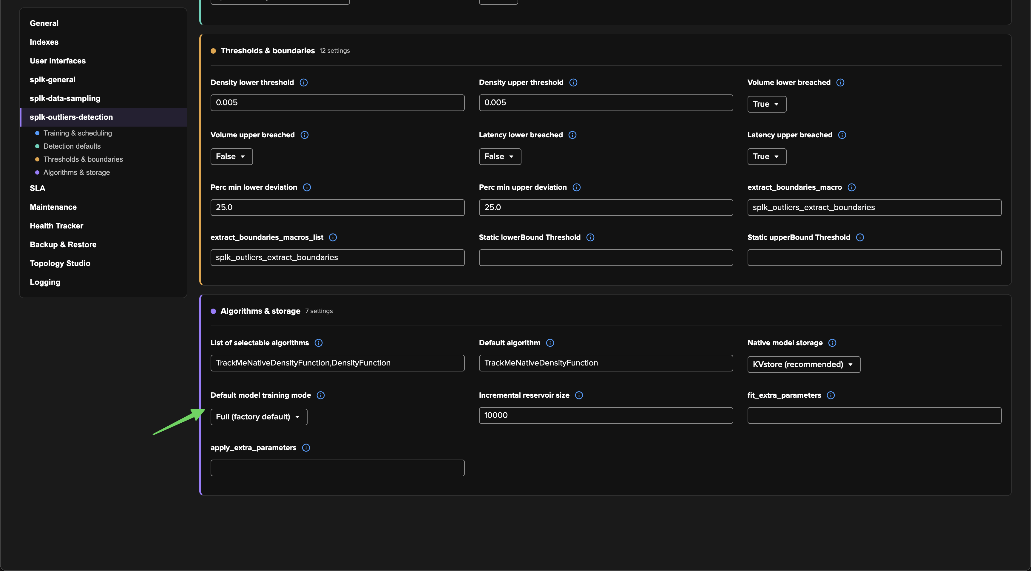 TrackMe system options for splk-outliers-detection, highlighting Default model training mode and showing Incremental reservoir size under Algorithms and storage