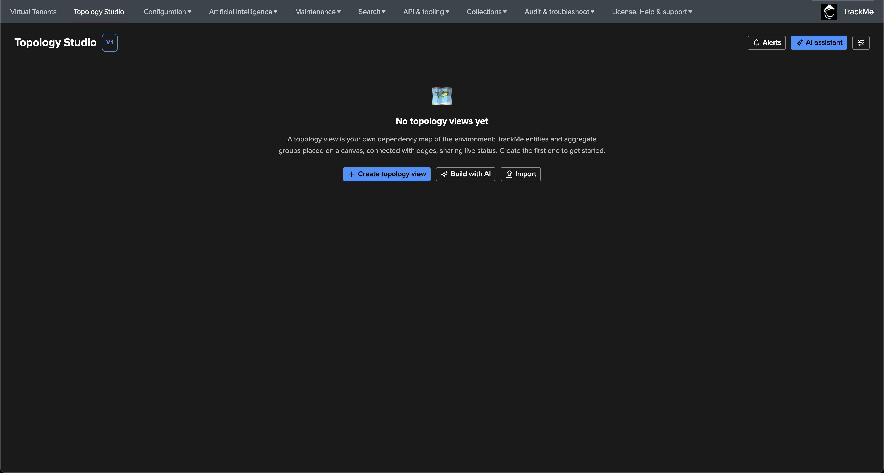 The Topology Studio landing page before any view exists, offering Create topology view, Build with AI and Import
